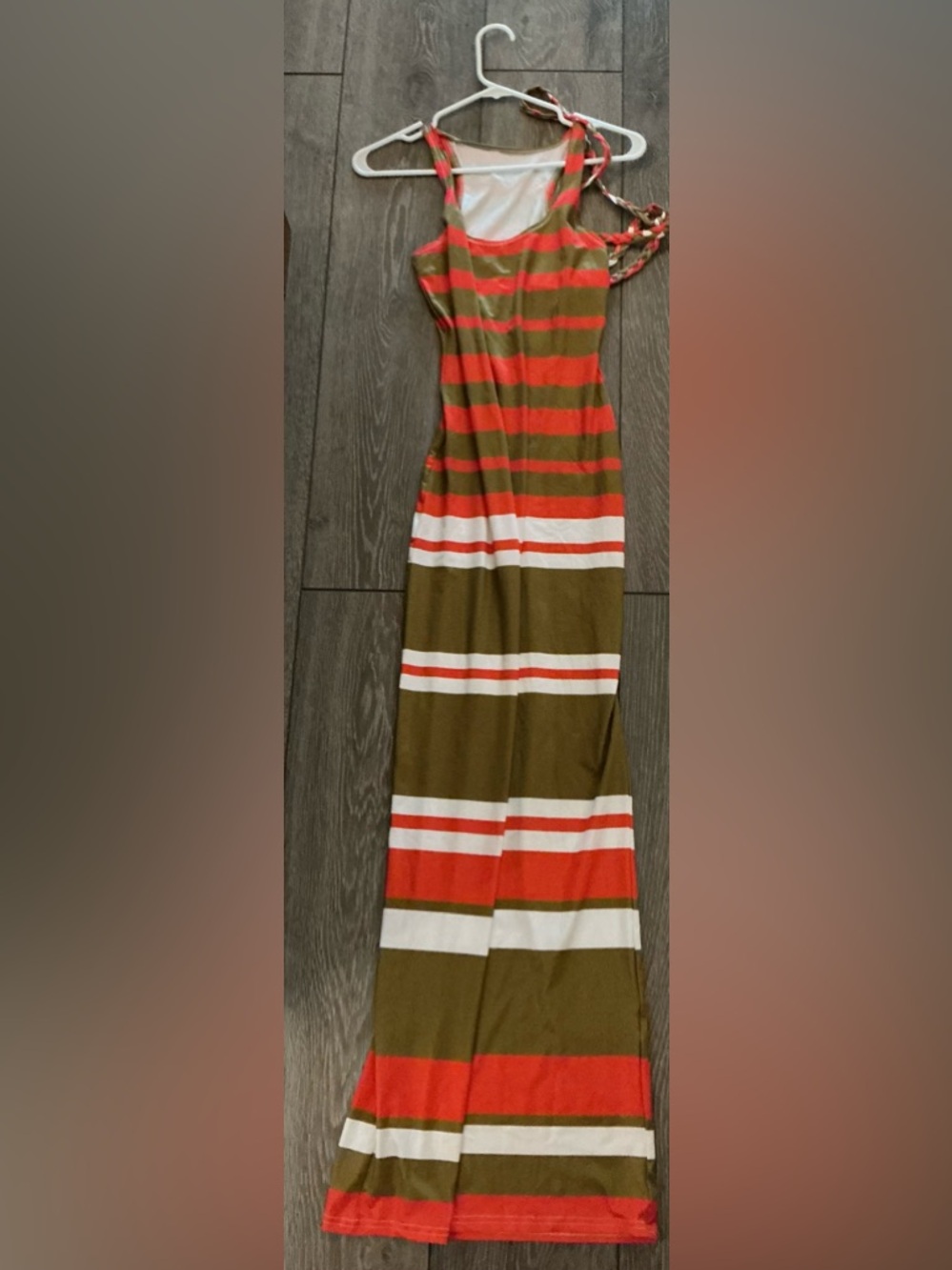 Striped Olive & Coral Maxi Skirt with White Accents